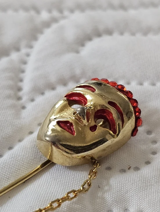 Vintage Gold Tone Comedy Tragedy Mask Stick Pin Red And Gold, 2.5" Theatercore - Picture 8 of 8